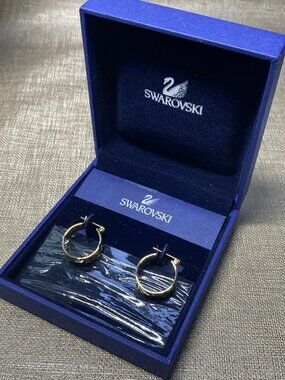 Swarovski Gold Tone Hoop Earrings w/ Crystals Swan Logo Boxed 19mm